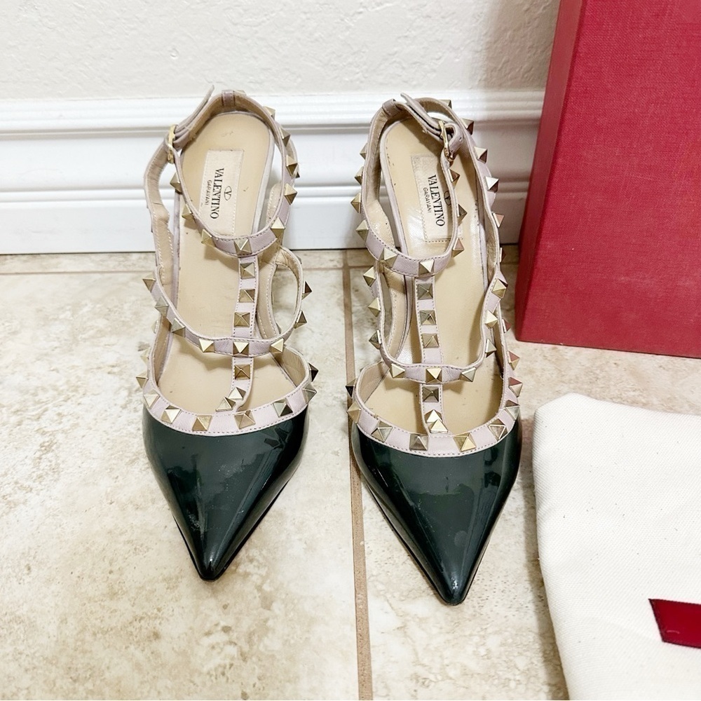 Valentino Green Leather Rockstud Ankle Strap Pumps heels Size 39 - Picture 3 of 8